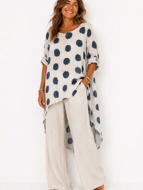 Relaxed Cream Tunic with Navy Polka Dots